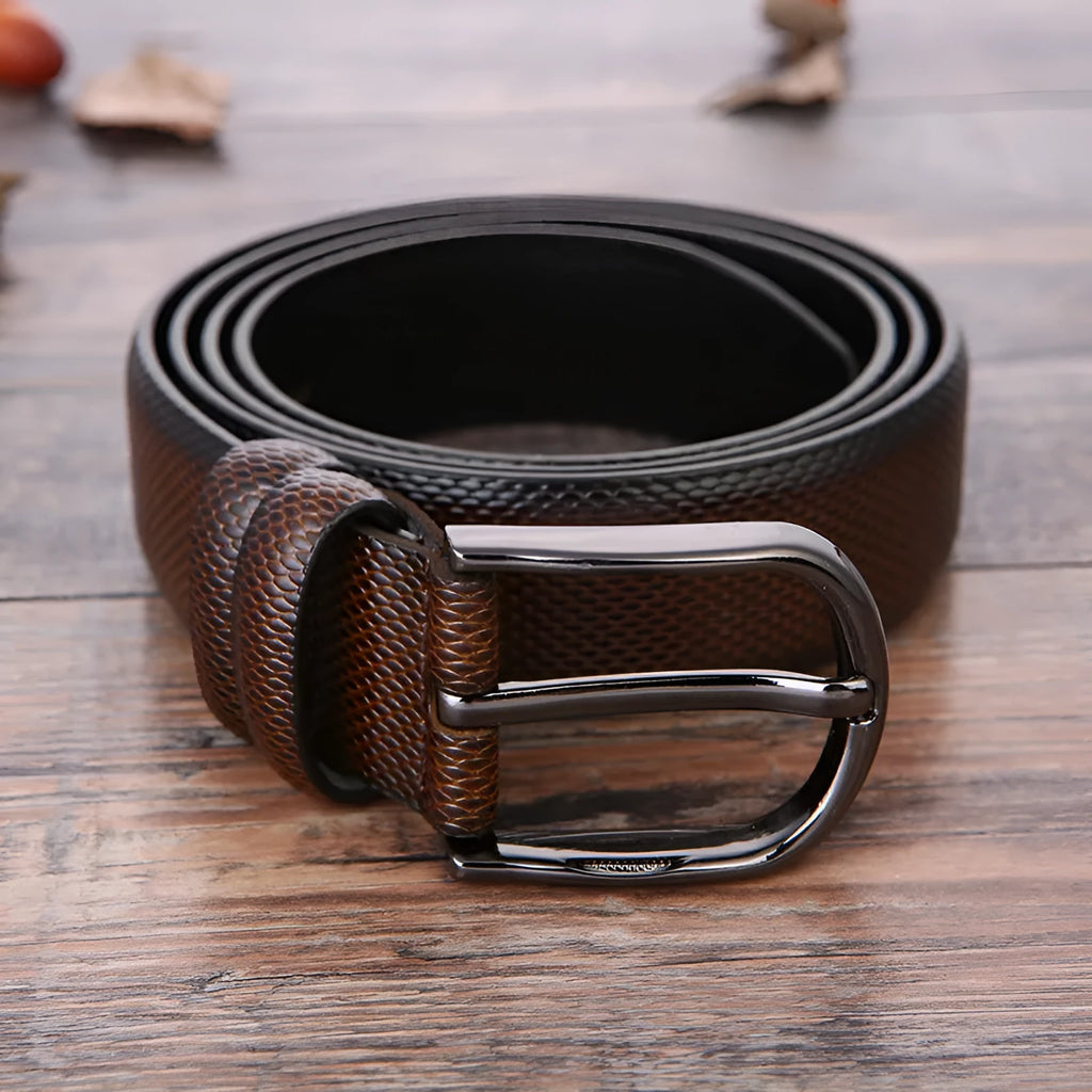Men's business belt with alloy pin buckle and imitation leather strap in black elephant pattern, 120cm length