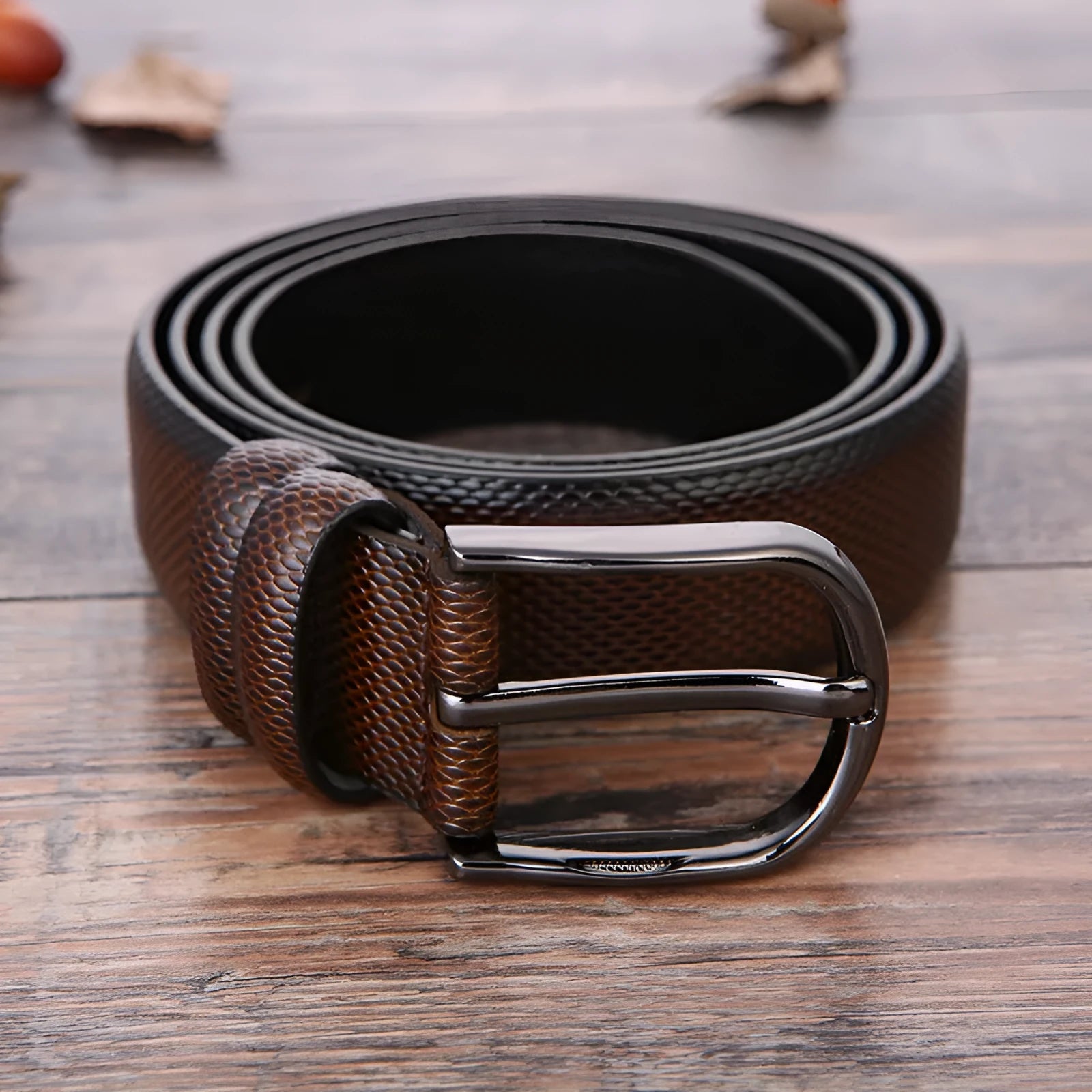 Men's business belt with alloy pin buckle and imitation leather strap in black elephant pattern, 120cm length