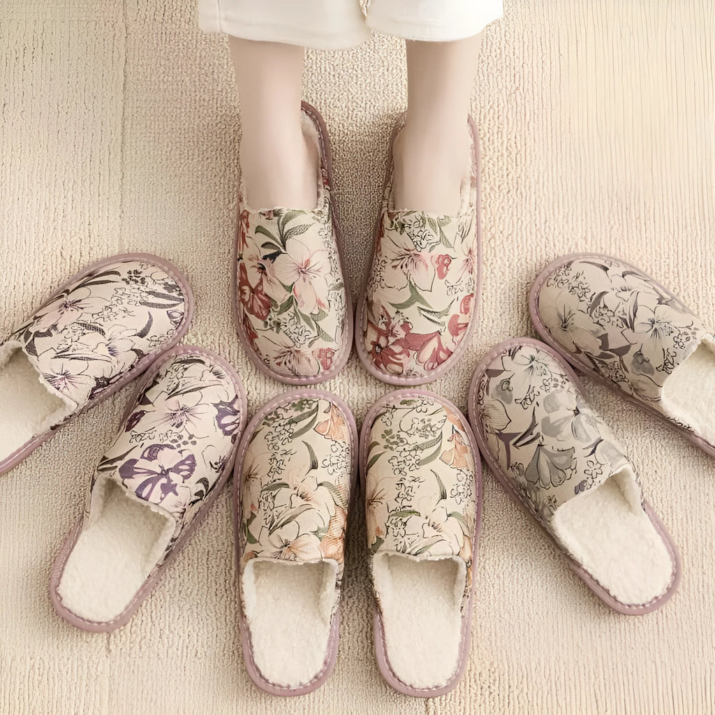 Warm winter linen surface cotton household slippers with PVC sole in red flower colour, side view