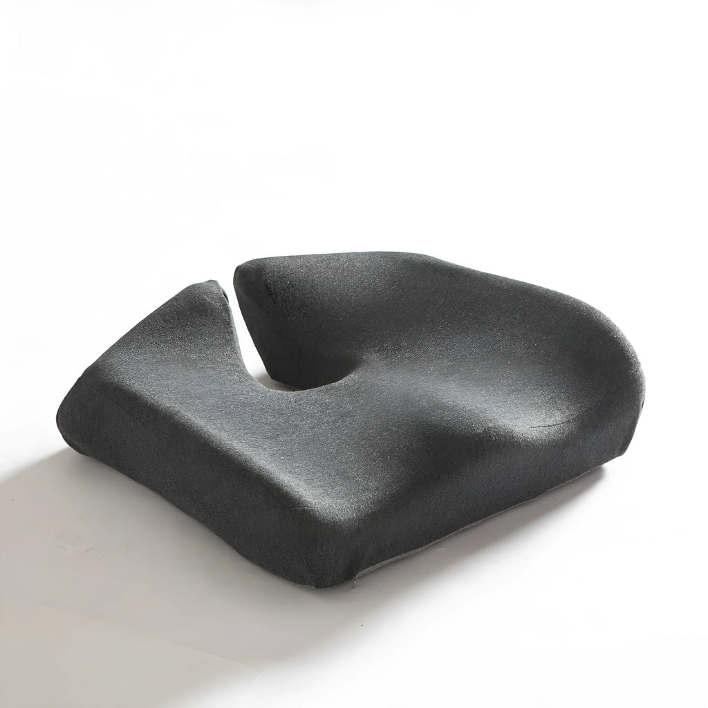 Solid colour memory foam office chair cushion shown in grey, dimensions 36cm by 40cm.