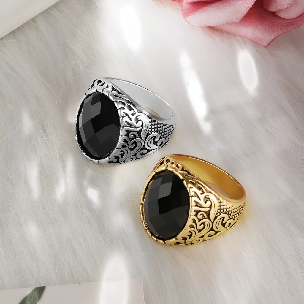 Men's multi-cut big gem ring in ancient gold, alloy electroplated finish, geometric shape, size No.8