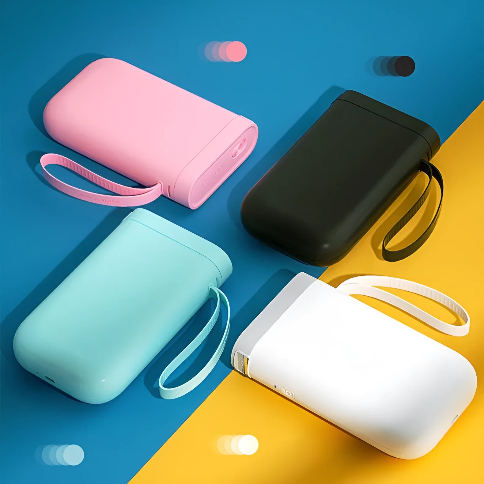 D11 Bluetooth thermal label printer in black, white, pink, or green, shown next to a smartphone running the label design app.
