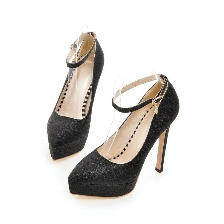 Women's stiletto platform Mary Jane shoes in black with 13cm heel and buckle ankle strap