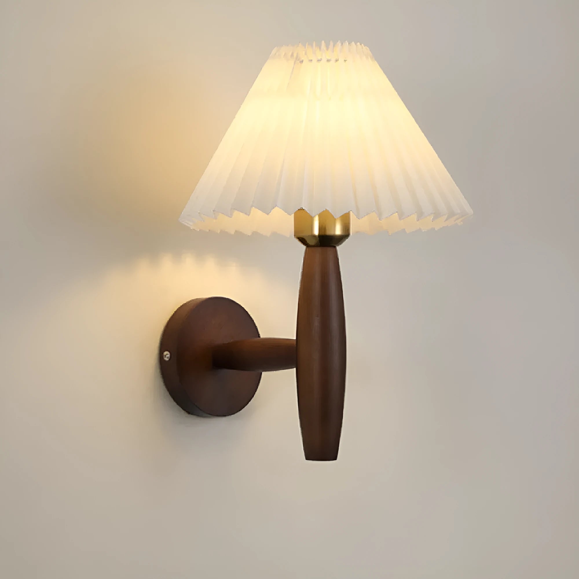 American retro wall lamp with walnut wood finish and fabric lampshade in tri-colour lighting option