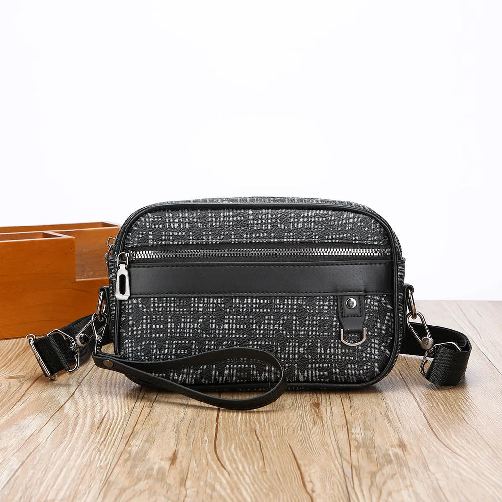 Men's casual shoulder messenger bag in black PU with geometric pattern, large capacity, and top handle