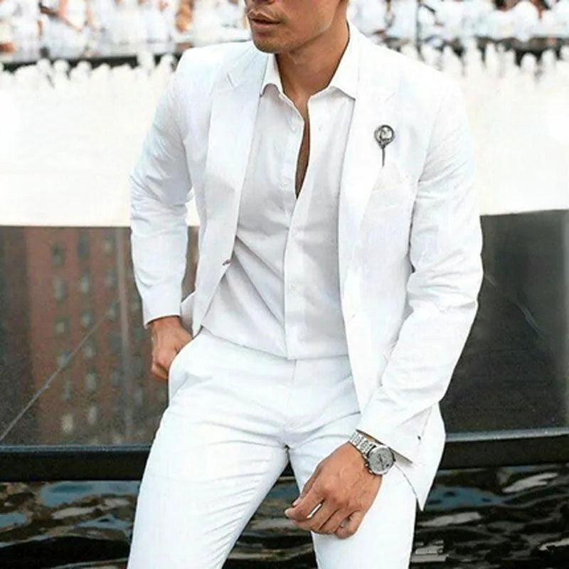 White men's slim fit two-piece suit on a hanger