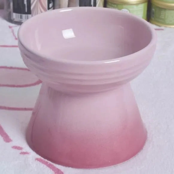 Ceramic anti-tumble pet bowl for dogs and cats with high foot and neck protector.