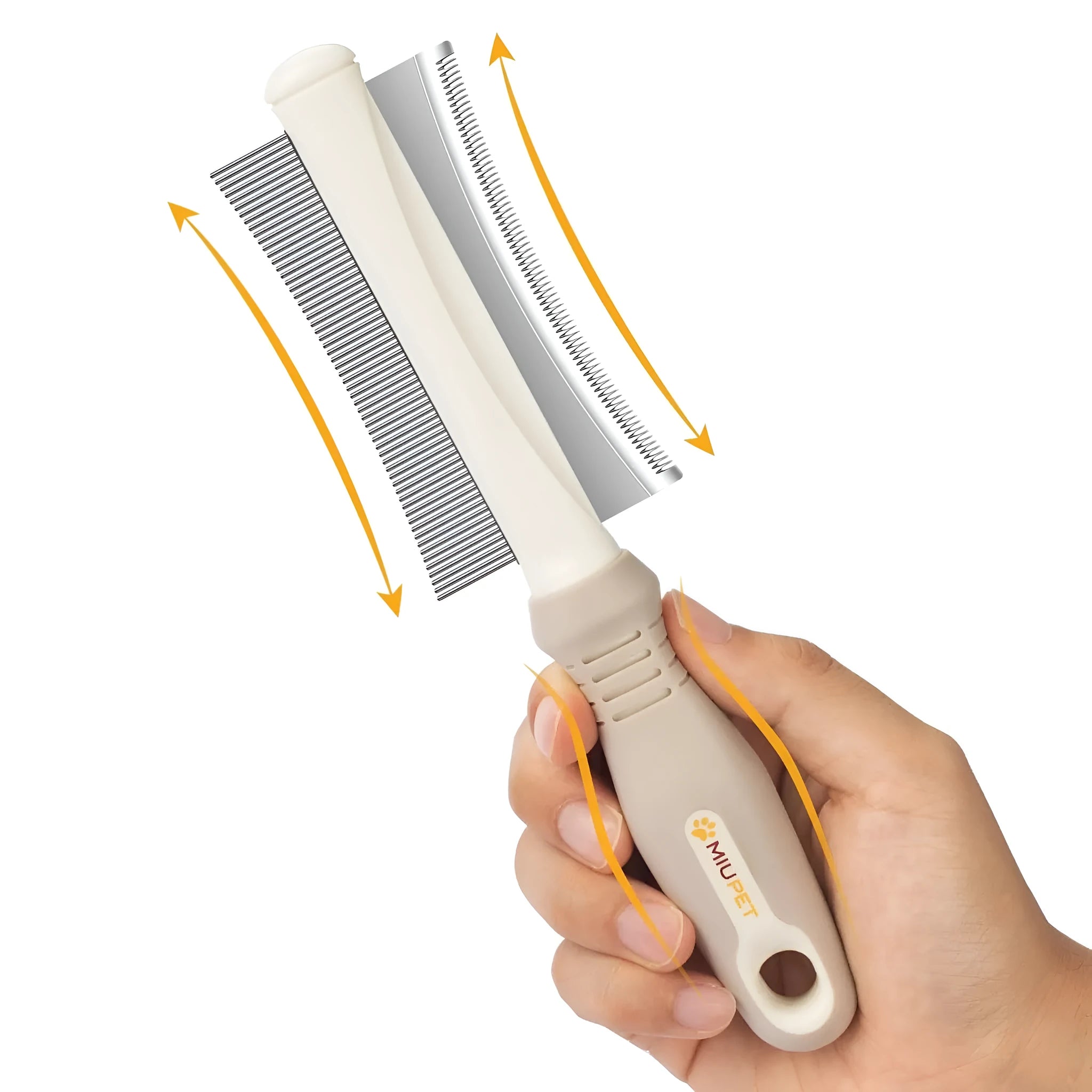 White double sided dog and cat deshedding brush with curved comb and ergonomic handle.