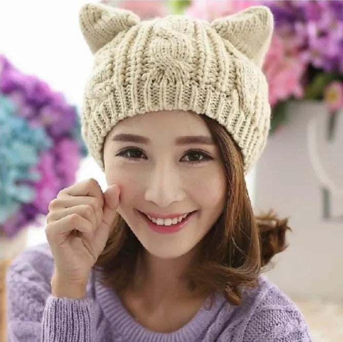Hand-made knitted beanie hat with 3D cat ears in winter wool colours