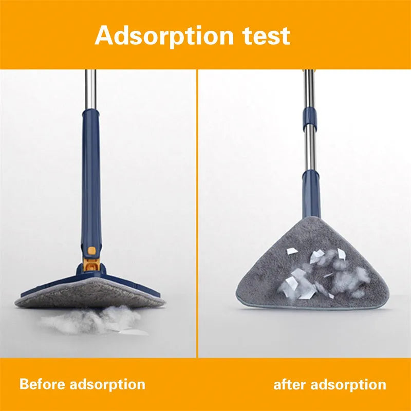 Blue and white triangular cleaning mop with a long stainless steel pole extended for ceiling cleaning.