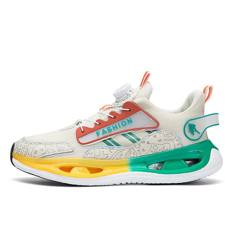 Men's low-top casual sports shoes with mesh upper in beige orange, featuring an elastic band closure and a lightweight sole.