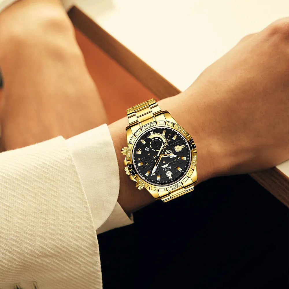 Men's gold stainless steel business quartz watch with calendar function on steel strap