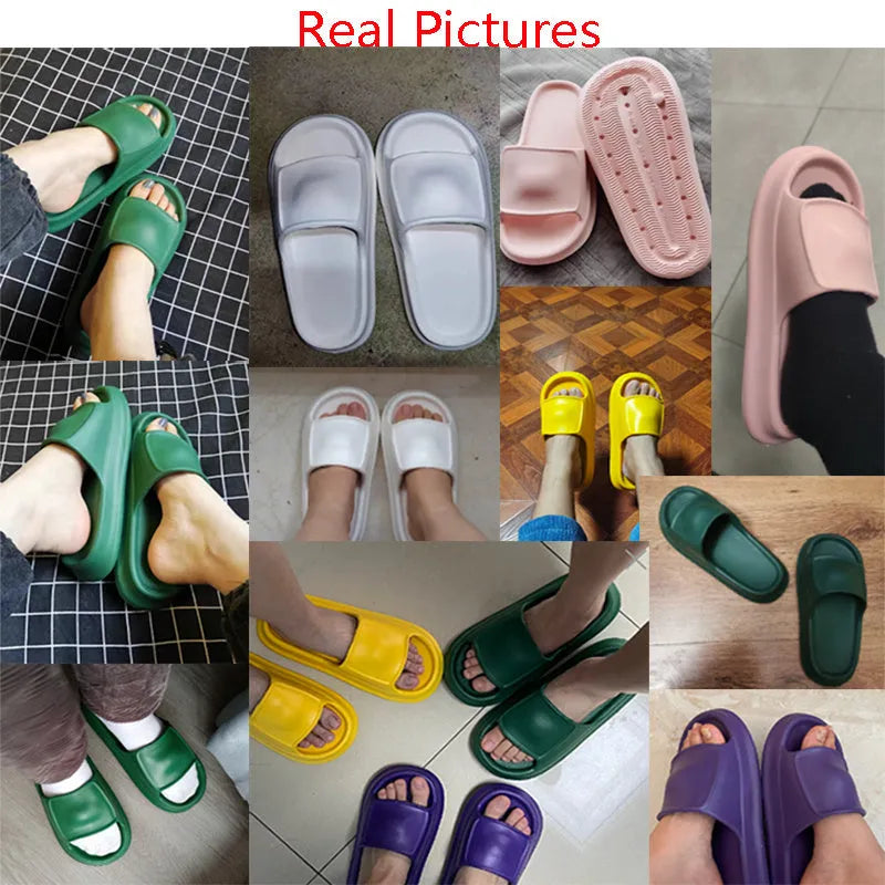 Thick-soled EVA foam flip-flop slippers for men and women in assorted colours on a white background.