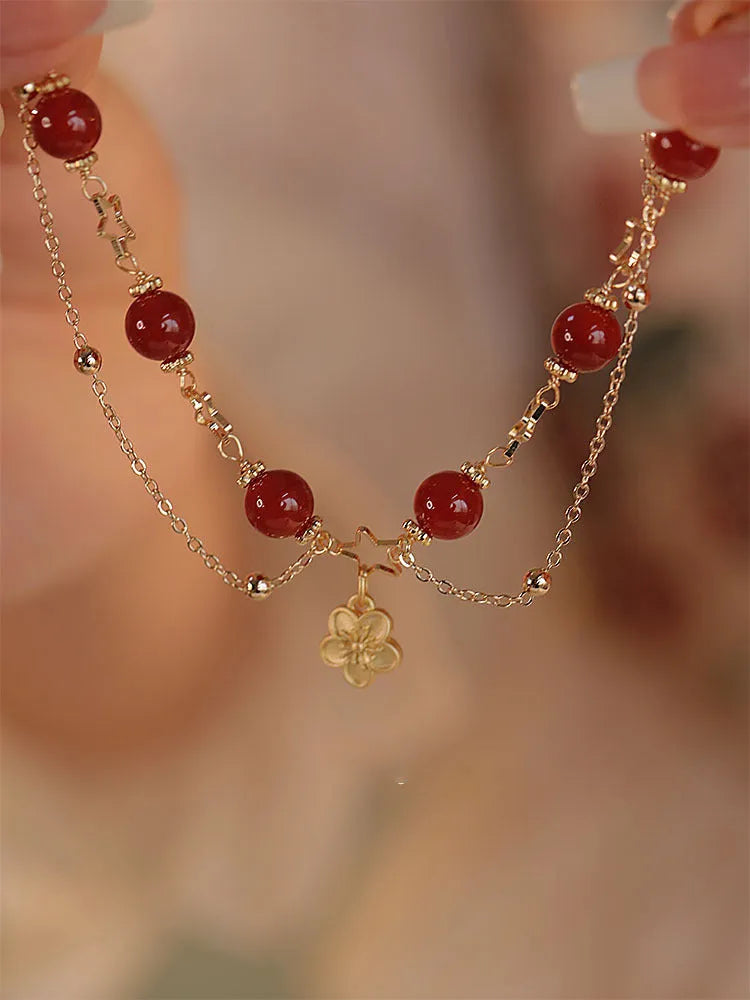 Women's red agate double layer ethnic fashion bracelet with floral peach blossom design elements