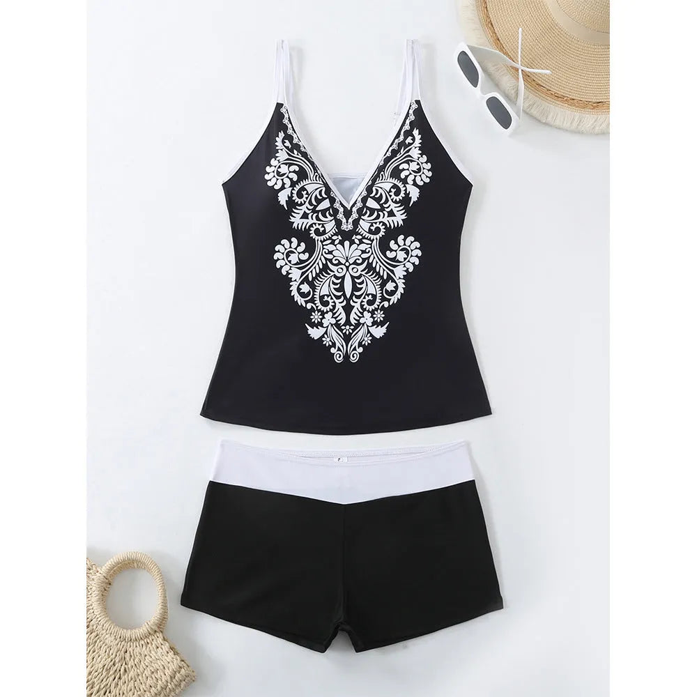 Black and rose red plus size female split swimsuit with briefs style for swimming.