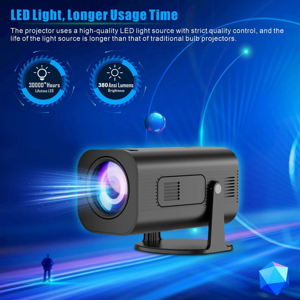 P330 black and white portable mini projector on a table with remote control.