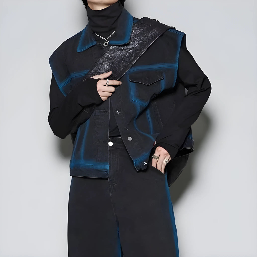 Spray colour gradient distressed sleeveless vest and matching jeans suit set with fleece lining