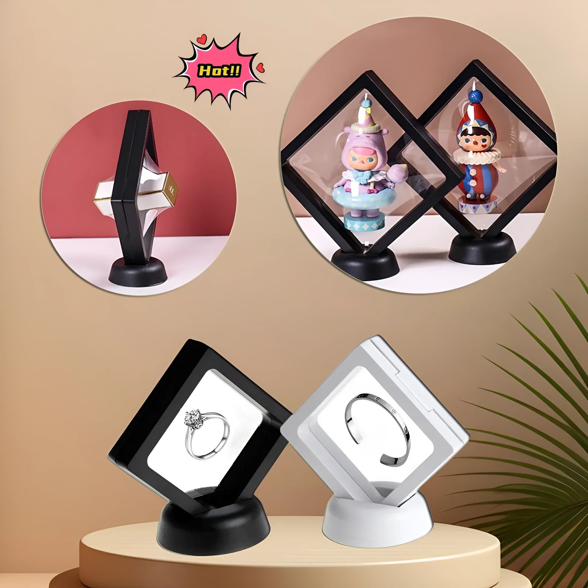 Transparent 3D floating display case holding a coin, with black and white size options