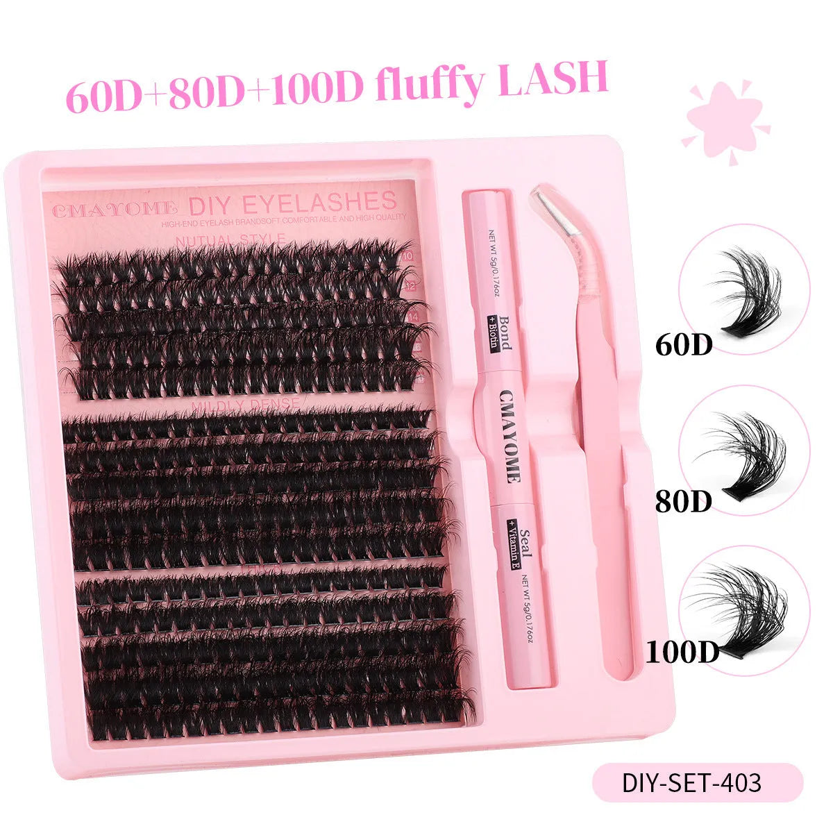 DIY false eyelash extension set showing single cluster lashes with application tweezers
