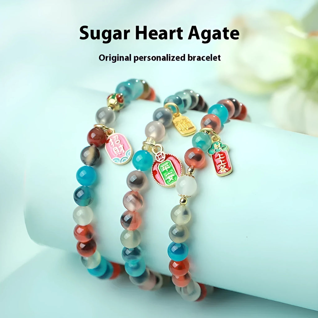 Natural agate bracelet with coloured glaze and copper coin details, women's size, 6mm and 8mm beads, handmade