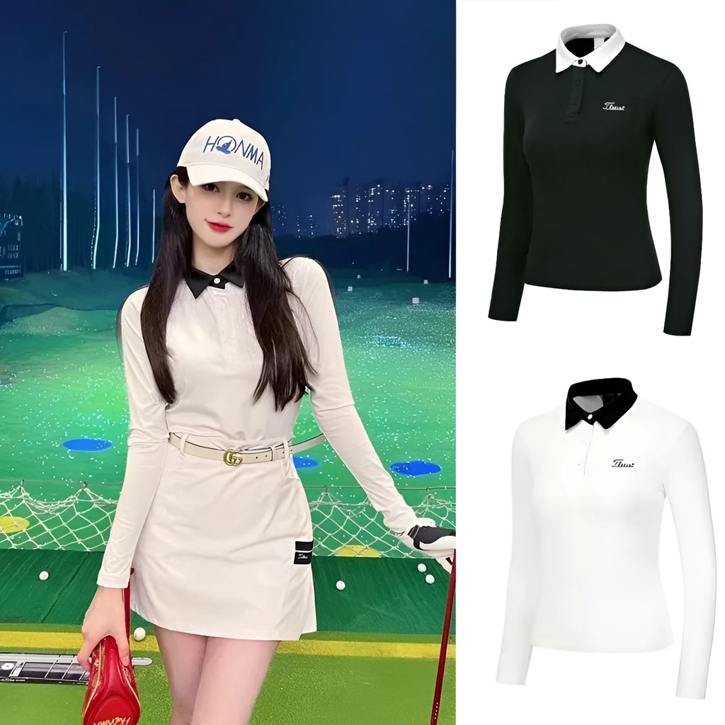 Women's white long sleeve golf top with slim sportswear fit for outdoor activities