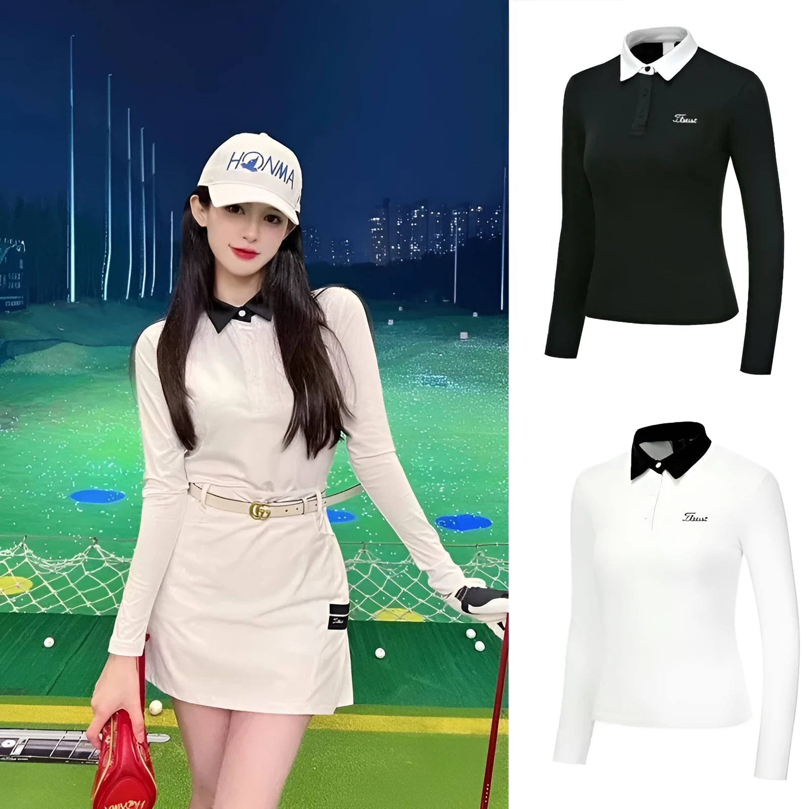 Women's white long sleeve golf top with slim sportswear fit for outdoor activities