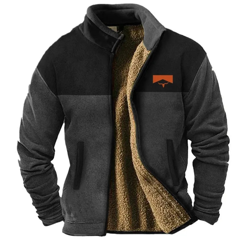 Men's green polyester fleece padded coat with a regular fit on a hanger.