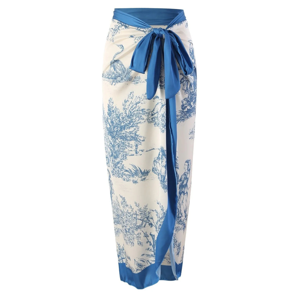 Blue women's one-piece swimsuit with matching gauze skirt in polyester fabric showing Asian sizing options