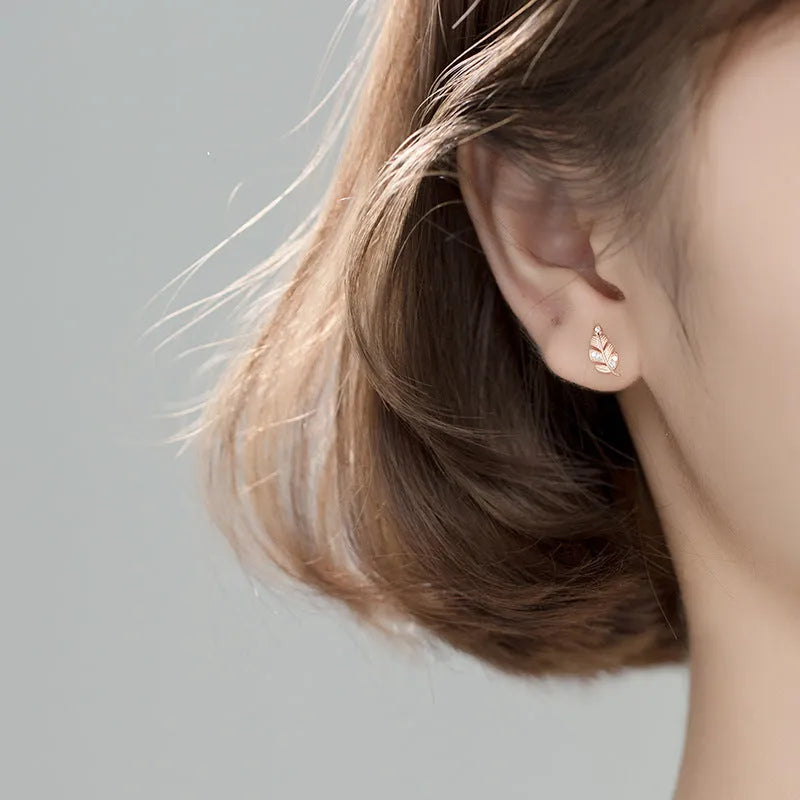 Fashion willow leaf stud earrings for women mori style micro-inlaid leaves copper rose gold and white gold colours