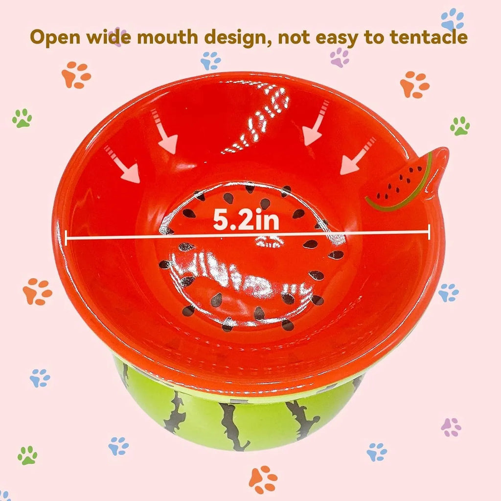 Ceramic raised cat bowl with tilted design in orange, pitaya, or watermelon pattern