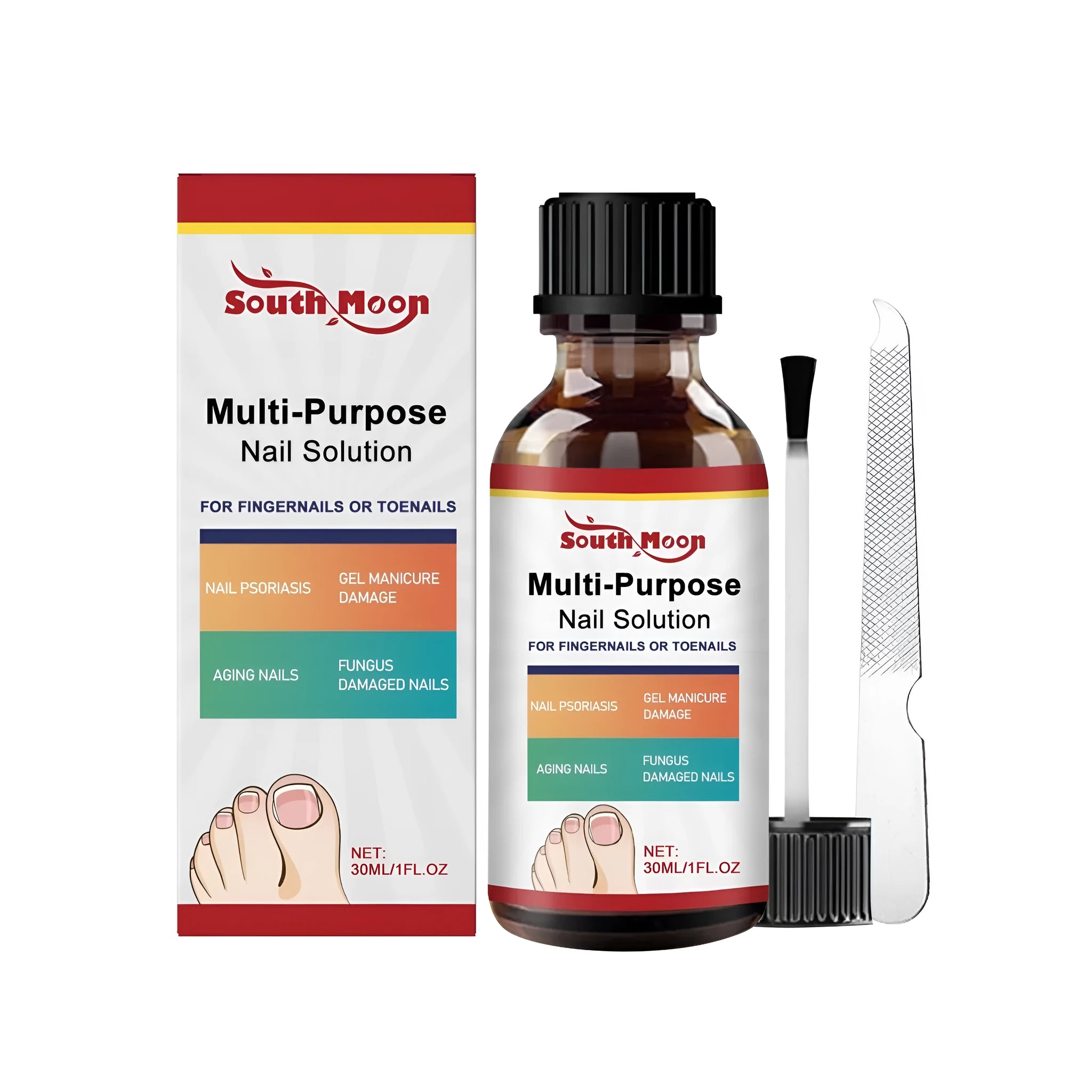 30ml bottle of nail care solution and a nail file set on a white background