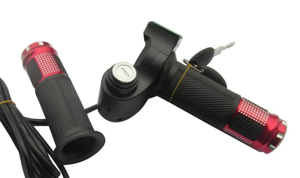 Electric vehicle handlebar section in blue, red, silver, and yellow colours, showing the PC/ABS housing.