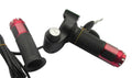 Electric vehicle handlebar section in blue, red, silver, and yellow colours, showing the PC/ABS housing.