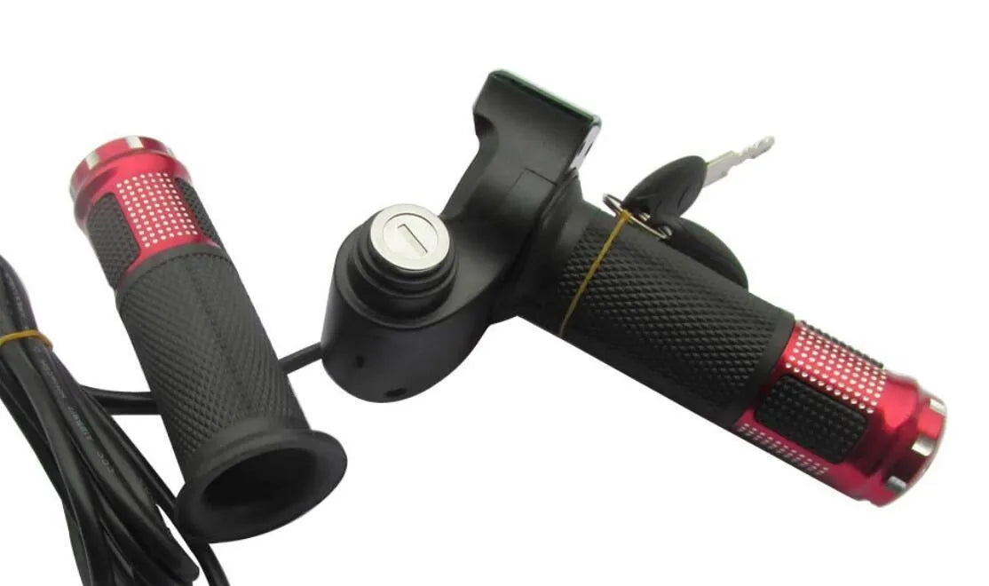 Electric vehicle handlebar section in blue, red, silver, and yellow colours, showing the PC/ABS housing.
