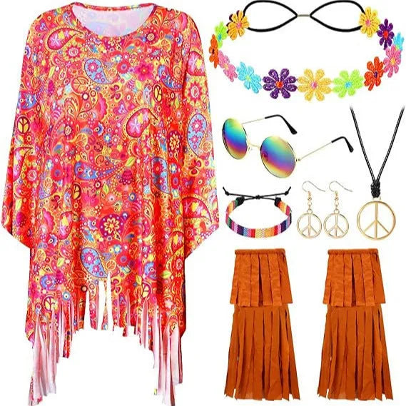 Tie dye bell sleeve cloak costume in rainbow colours, made from spandex fabric for Halloween and cosplay.
