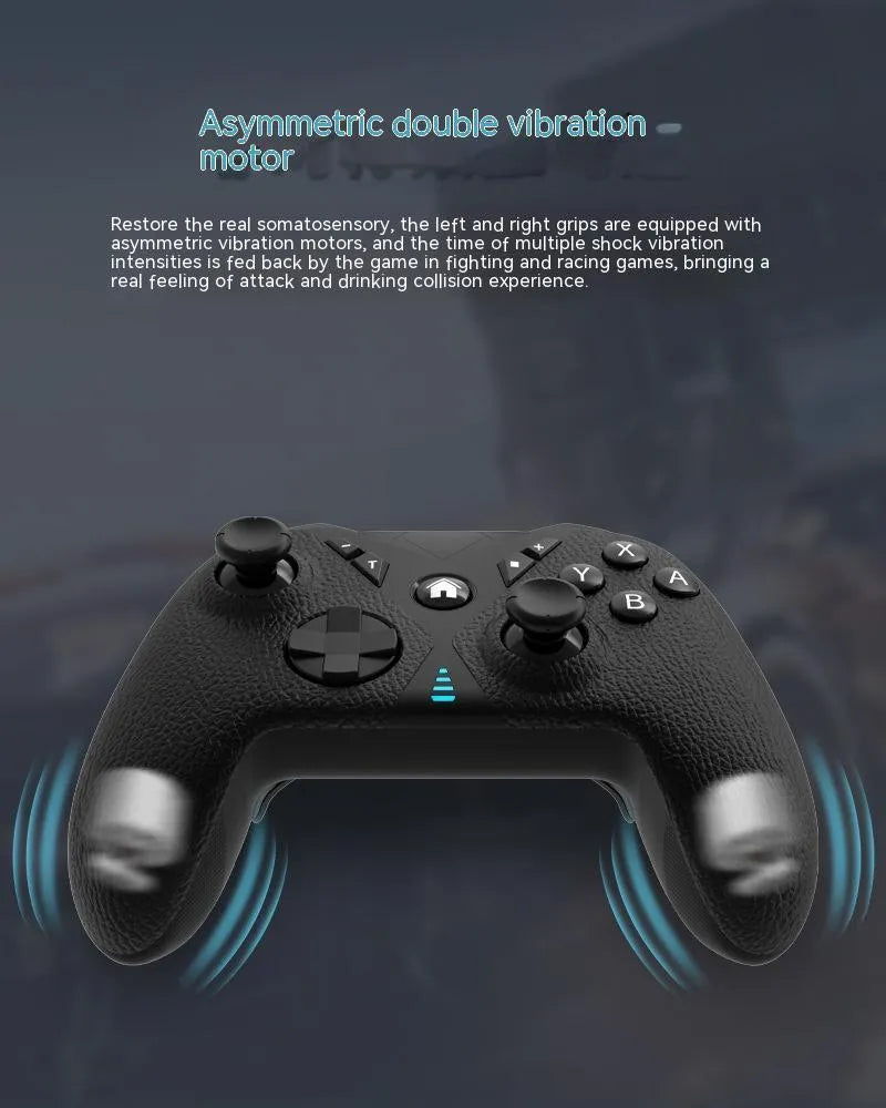 Black wireless Nintendo Switch game controller with leather-texture grips on a grey background.