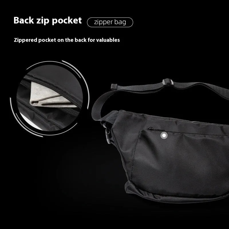 Men's black Oxford fabric slanted chest bag with sewing line detail, 8-inch size, worn across chest