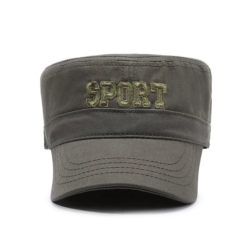 Men's flat-top cotton peaked cap in army green with an adjustable strap and a dome crown.