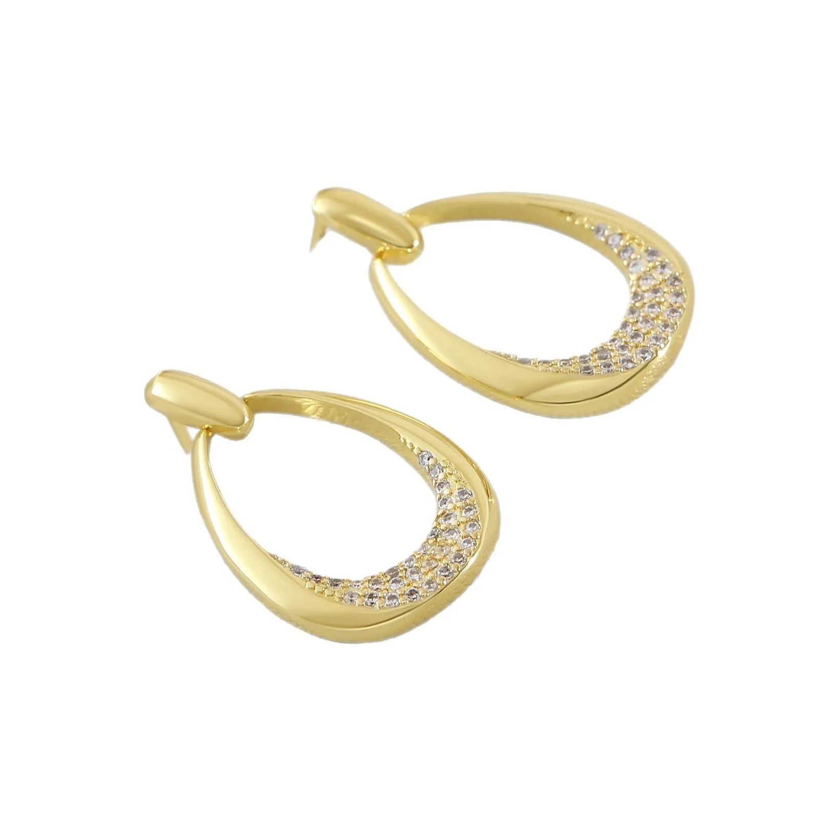 Women's yellow gold geometric drop earrings with oval rings measuring 2.6cm