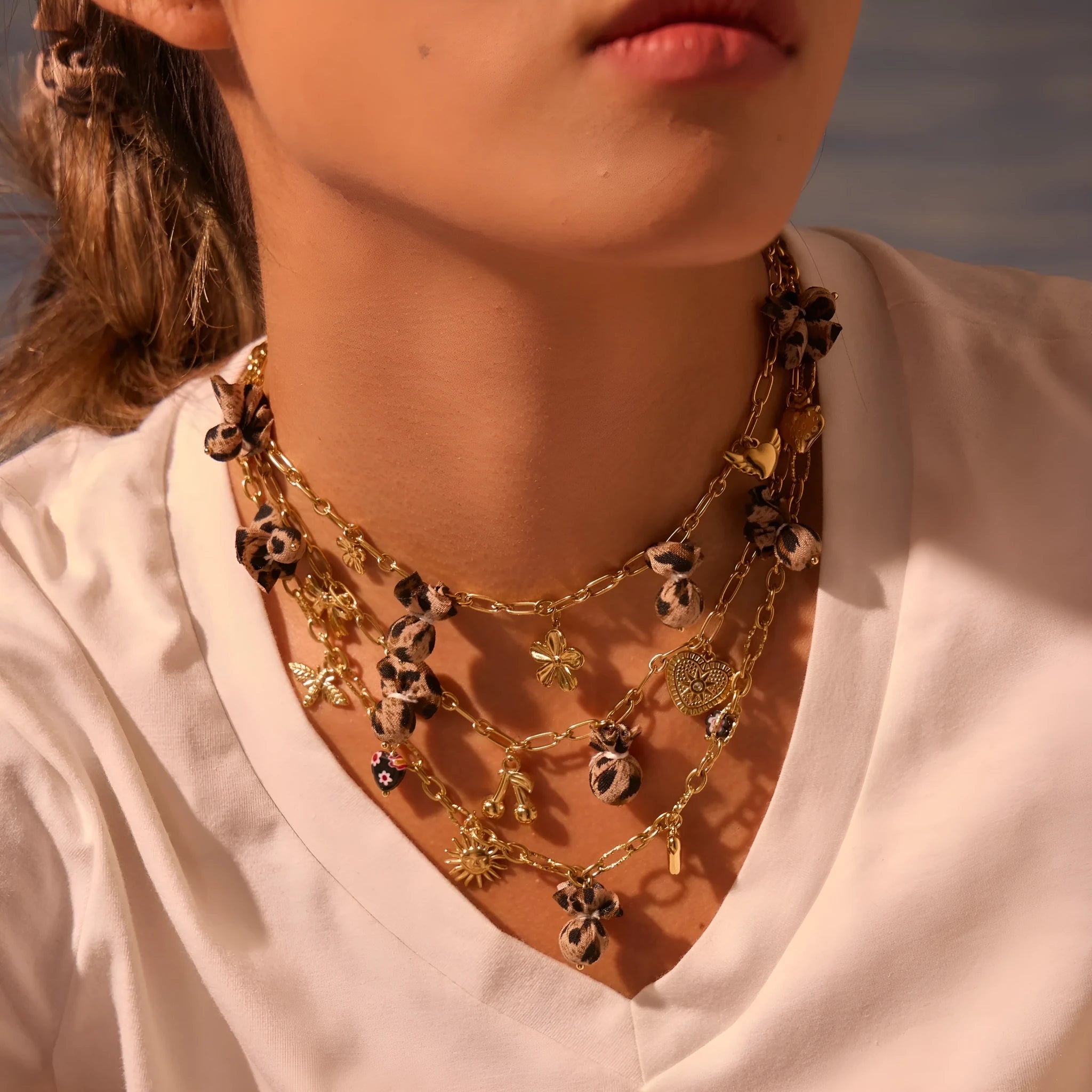Stainless steel necklace with leopard, love hearts and flowers pendant on adjustable chain