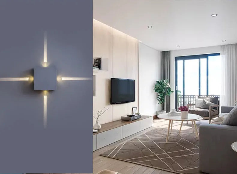 Modern square aluminium and iron LED wall light with warm white glow on a wall