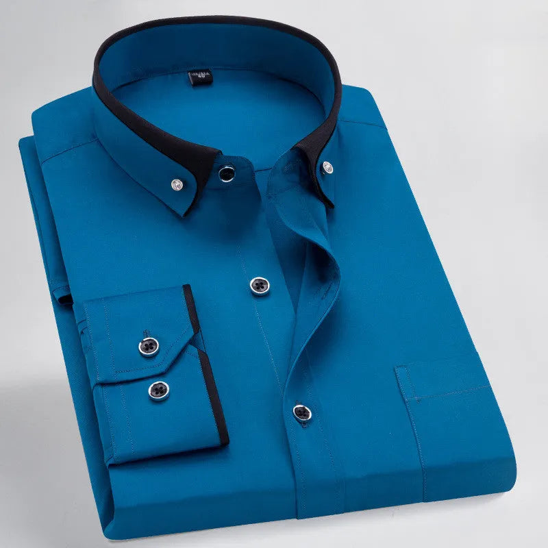 Men's stretch shirt in polyester fibre, available in wine red and multiple colours, sizes 38-44, with detailed fit guide