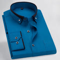 Men's stretch shirt in polyester fibre, available in wine red and multiple colours, sizes 38-44, with detailed fit guide