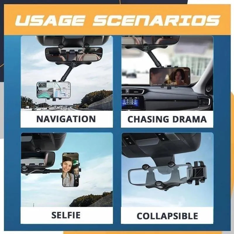 Black rearview mirror car phone holder showing 360-degree rotation and retractable arm extended.