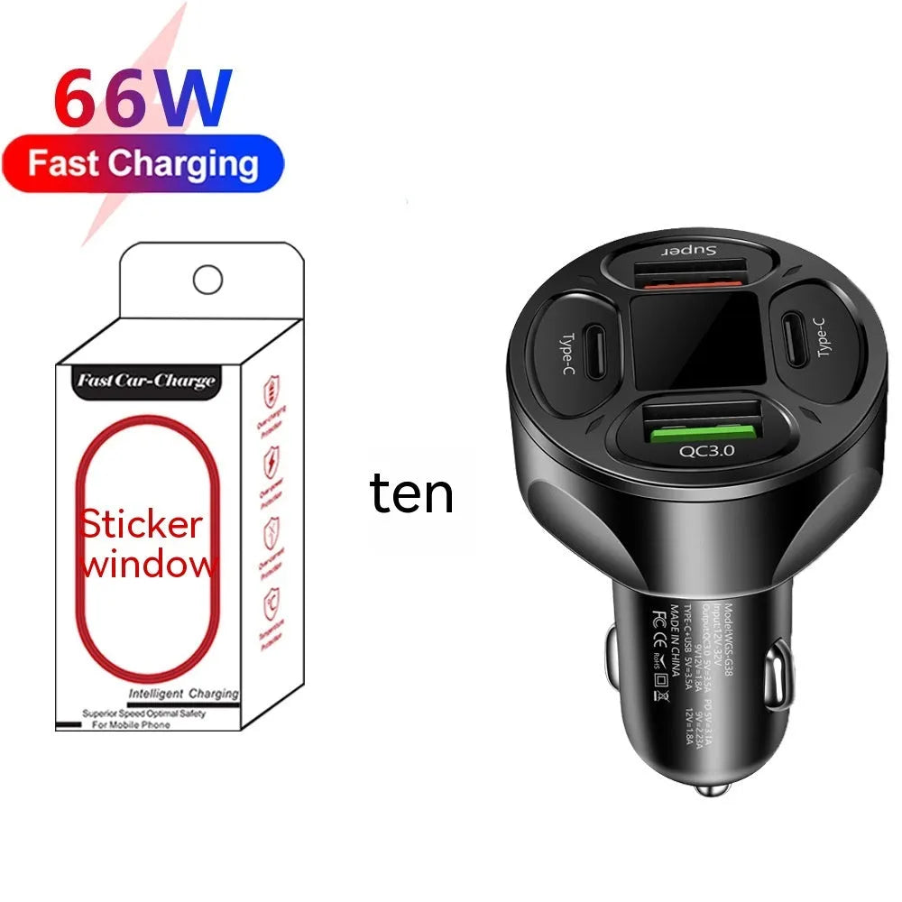 66W black digital display car charger with two USB ports and two Type-C ports