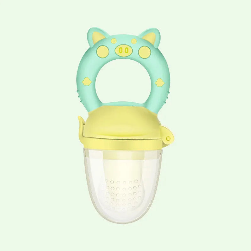 Baby teether toy made from silicone rubber in blue, green or pink colours with textured mouthpiece