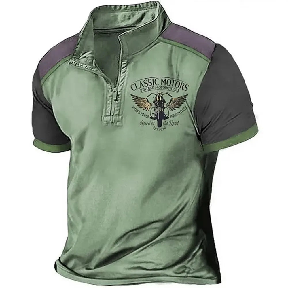Loose-fit solid colour golf polo shirt made from bird eye cloth, shown in a casual setting.