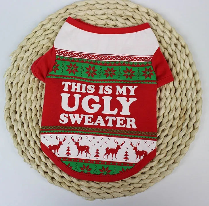 Red two-legged pet vest for Teddy dogs sized XS to XL on a small dog for autumn Christmas wear