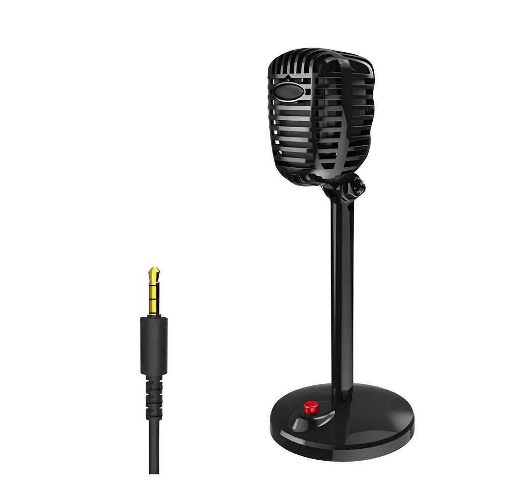 Black USB computer microphone with adjustable stand on desk for recording