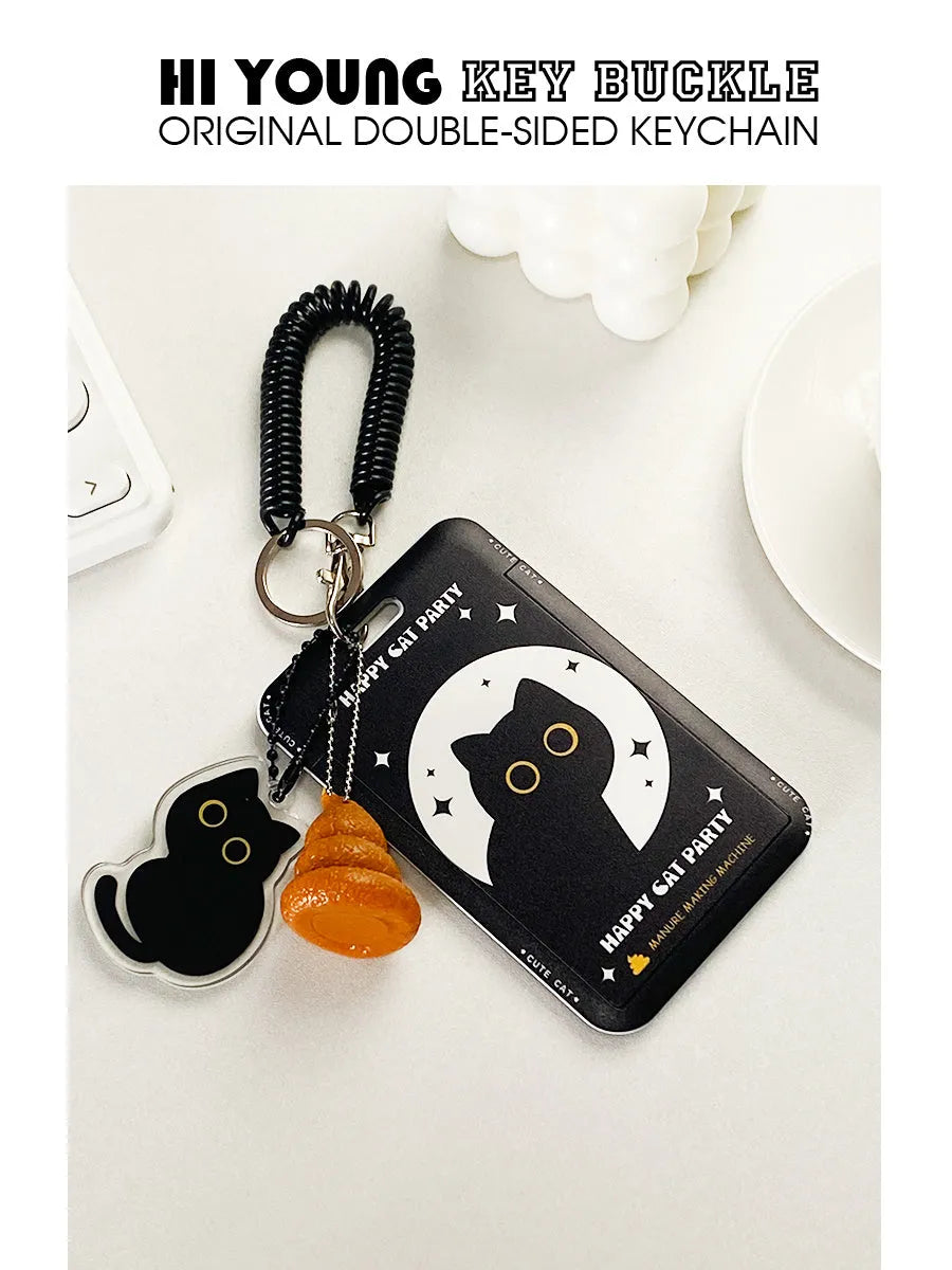 Cute little black cat cartoon design plastic card sleeve holder with a ferrule pendant clip
